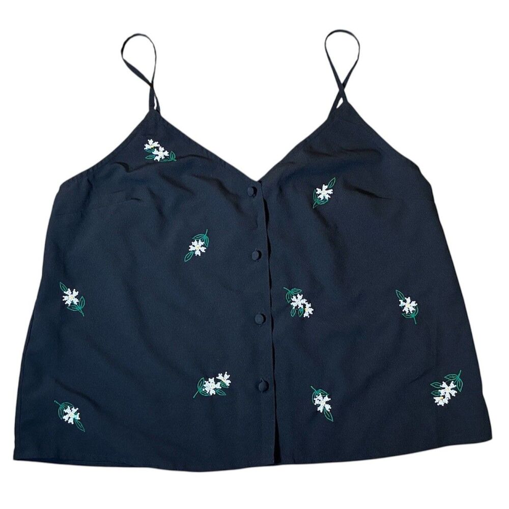 Topshop Women's Sz 10 Beaded Black Floral Spaghetti Strap Cami Tank Button